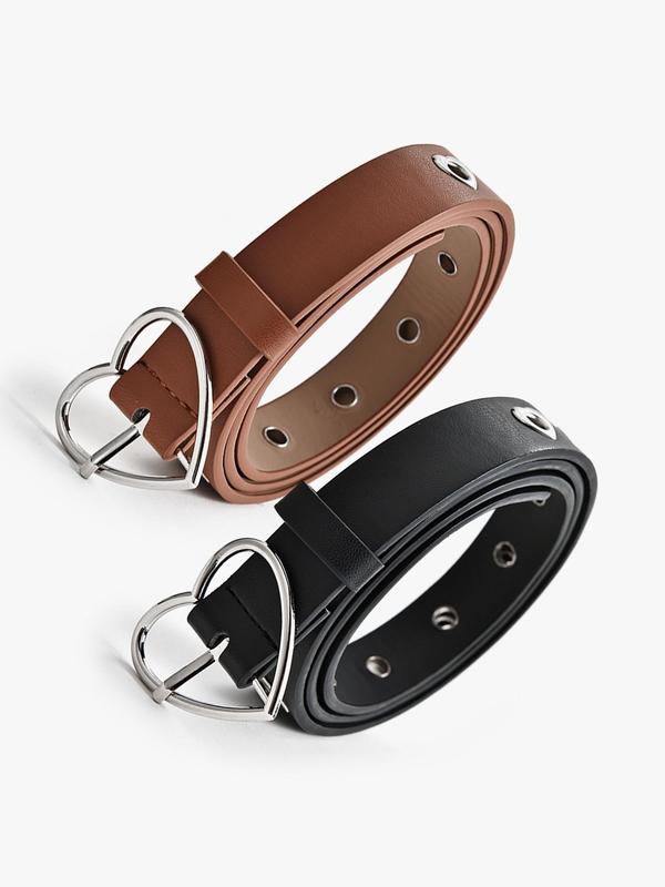 Fashion Heart Design Pu Buckle Belt (2pcs set), Hollow out Design Belt for Women & Men, Trendy All-match & Exquisite Belt for Daily & Party Clothing Decoration