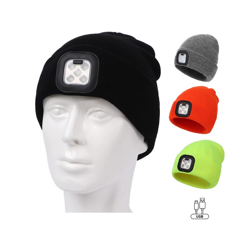 USB Rechargeable LED Hat, 1 Count Headlamp Glow-in-the-Dark Hat, Winter Warm Knit Hat, Hands-Free Flashlight, Outdoor Lighting for Women Men