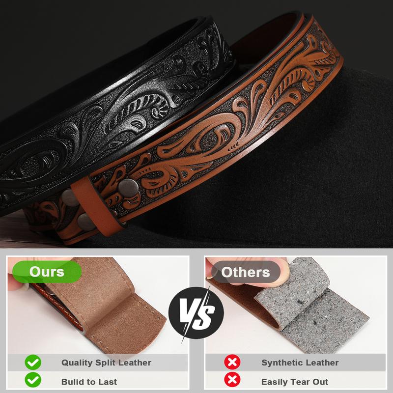 2 Pack Western Leather Belt Strap for Men Women without Buckle Cowboy Cowgirl Tooled Leather Engraved Belt Strap For Jeans