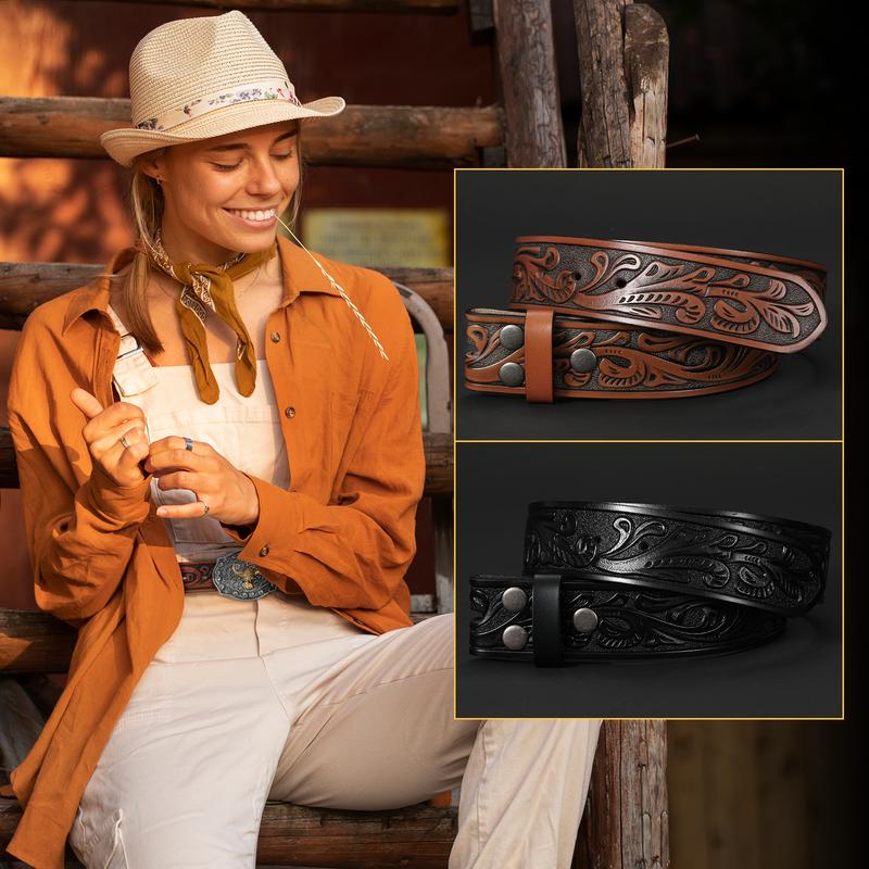 2 Pack Western Leather Belt Strap for Men Women without Buckle Cowboy Cowgirl Tooled Leather Engraved Belt Strap For Jeans