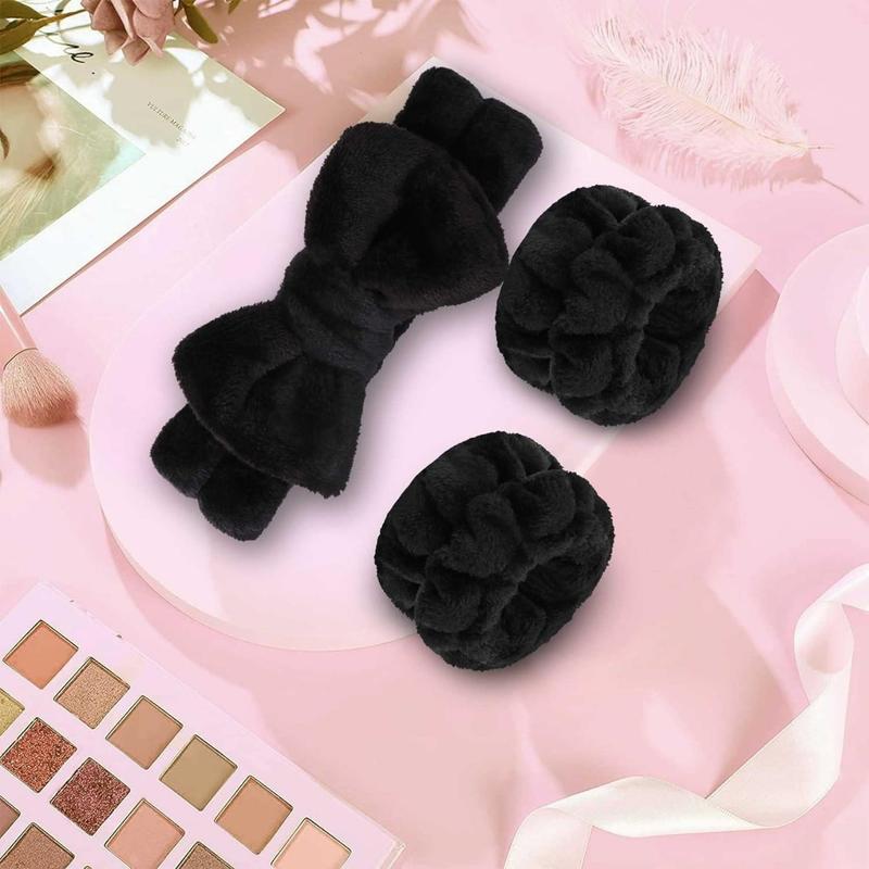 Makeup Headbands, 1 count Black Spa Headband Fluffy Bow Tie Headband Microfiber Face Headband, and 2Pcs Wrist Spa Wash Band Absorbent Wristbands, for Washing Face Skin Care(Good thing)