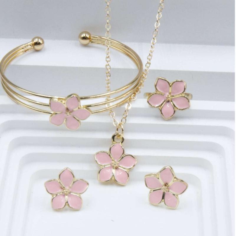 5pcs set Pink Cherry Blossom Necklace, Bracelet, Earrings, Ring Set - Fashionable Design for Festivals - Gift for Her