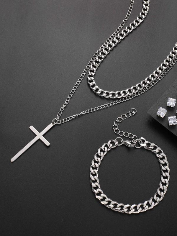 Rhinestone Decorated Stainless Steel Jewelry Set, Including Geometric  Stud Earrings & Chain Necklace & Cross Pendant Necklace & Chain Bracelet, without Box