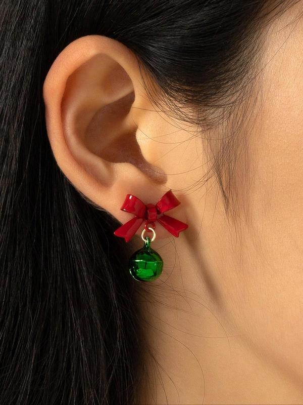 Christmas Themed Cute Bow & Bell Design Stud Earrings, Fashionable Jewelry for Women & Girls, Trendy All-match & Exquisite Jewelry for Birthday Gift