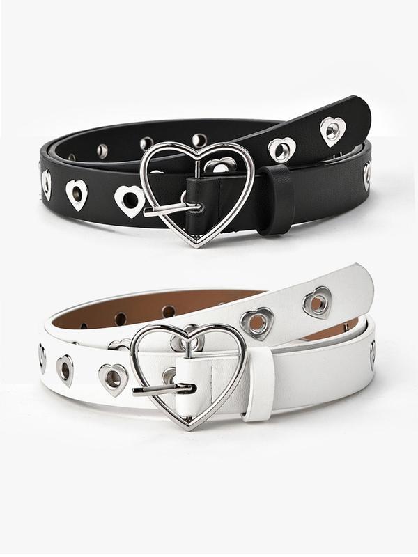 Fashion Heart Design Pu Buckle Belt (2pcs set), Hollow out Design Belt for Women & Men, Trendy All-match & Exquisite Belt for Daily & Party Clothing Decoration