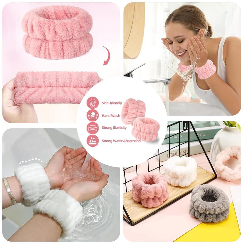 Spa Headband Washing Face Wristband Set Sponge Makeup Skincare, Terry Cloth Bubble Soft Get Ready Hairband Women Girl Puffy Padded Headwear Thick Accessory (Red)