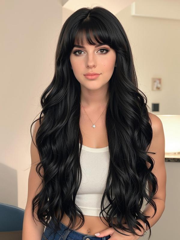 26 Inch Long Black Wavy Wigs for Women, Gorgeous Fluffy Wigs with Bangs, Synthetic Full Machine Wigs for Party, Daily Use