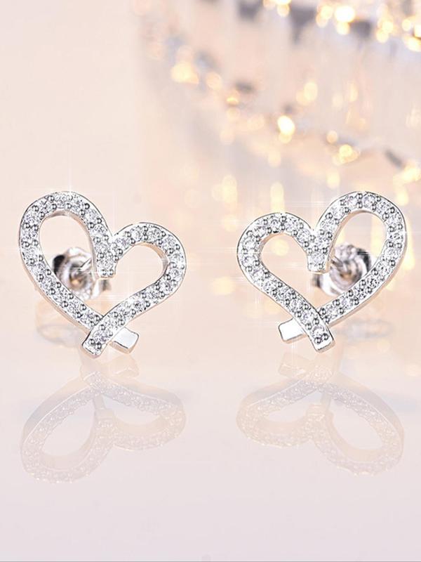 Women's Elegant Rhinestone Decor Heart Shaped Stud Earrings, Trendy Exquisite Stud Earrings, Chic Sparkly Matching Jewelry As Gift for Women & Girls