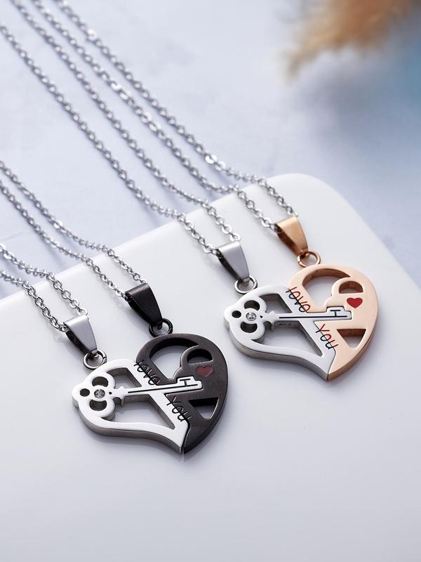 Couple Puzzle Design Heart Pendant Necklace, Stainless Steel Jewelry for Party, Daily Clothing Decor, Trendy Exquisite Jewelry for Birthday Gift