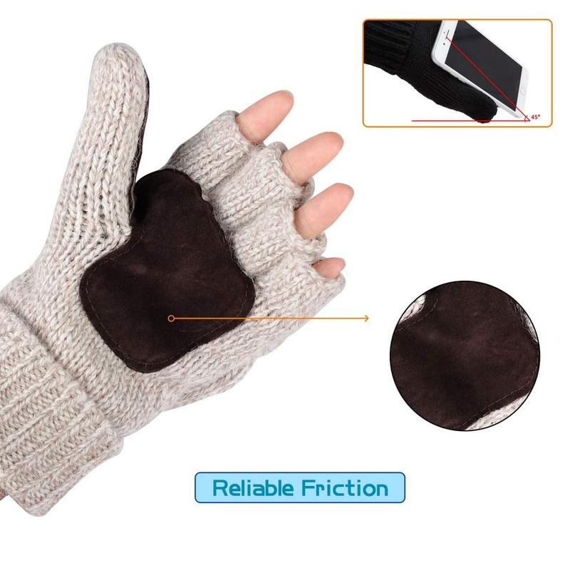 Warm Wool Knitted Fingerless Mittens for Men and Women - Winter Convertible Gloves