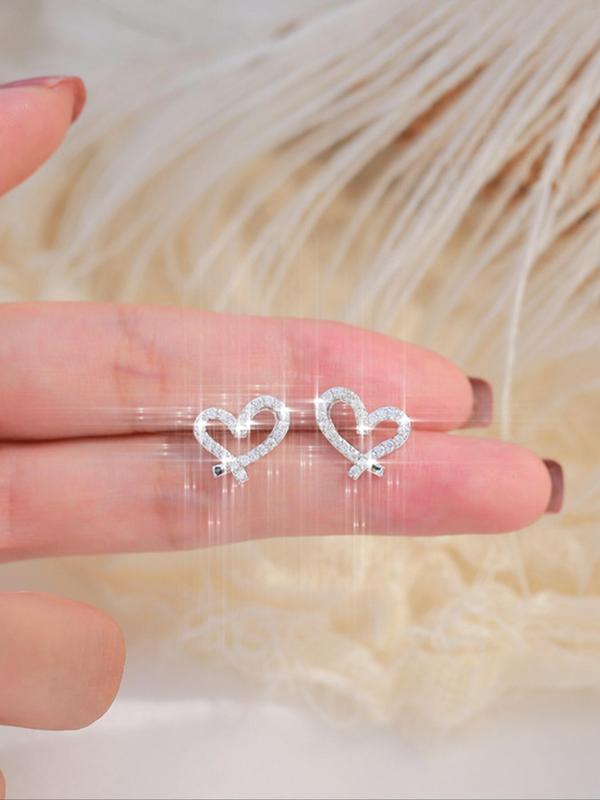 Women's Elegant Rhinestone Decor Heart Shaped Stud Earrings, Trendy Exquisite Stud Earrings, Chic Sparkly Matching Jewelry As Gift for Women & Girls