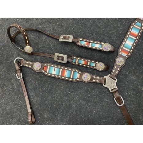 Teal Serape Southwest Print One Ear Headstall and Breastcollar Set with bling conchos