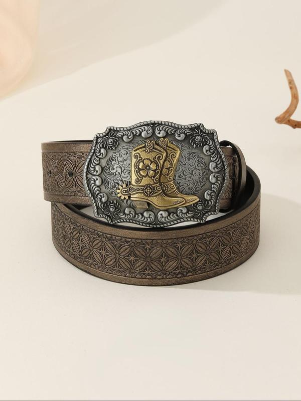 Vintage Western Cowboy Boots Design Buckle Belt, Fashionable Ethnic Pattern PU Leather Belt for Women & Men, Casual Waistband for Jeans Trousers