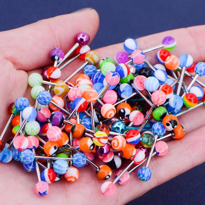 Oufer 14G 100PCS Tongue Ring Ball Colorful Acrylic Tongue Barbells(Random Colors)