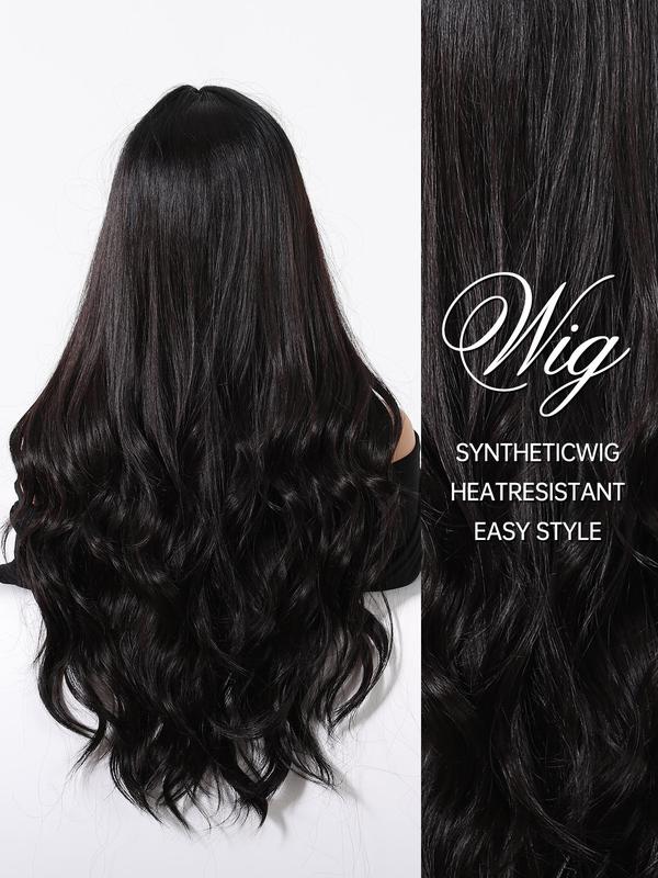 26 Inch Long Black Wavy Wigs for Women, Gorgeous Fluffy Wigs with Bangs, Synthetic Full Machine Wigs for Party, Daily Use