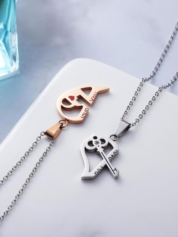 Couple Puzzle Design Heart Pendant Necklace, Stainless Steel Jewelry for Party, Daily Clothing Decor, Trendy Exquisite Jewelry for Birthday Gift