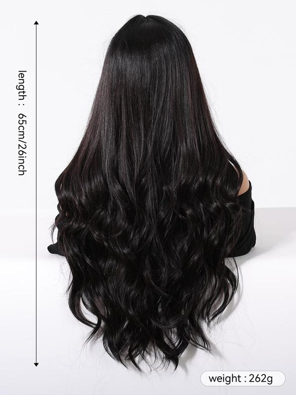 26 Inch Long Black Wavy Wigs for Women, Gorgeous Fluffy Wigs with Bangs, Synthetic Full Machine Wigs for Party, Daily Use