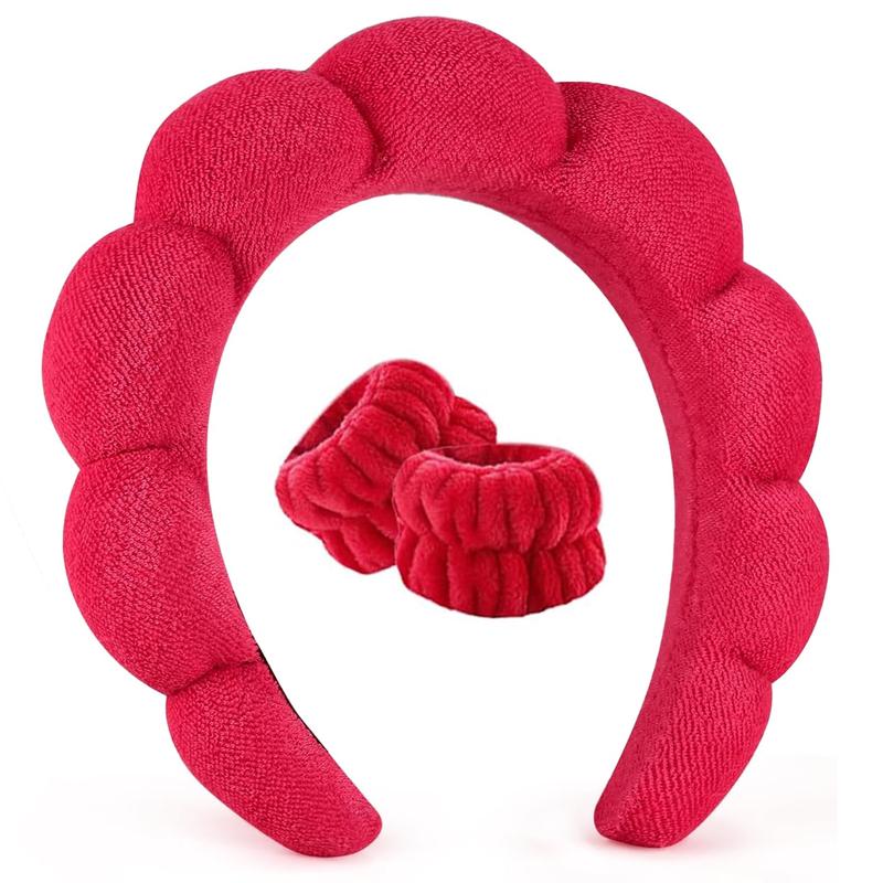 Spa Headband Washing Face Wristband Set Sponge Makeup Skincare, Terry Cloth Bubble Soft Get Ready Hairband Women Girl Puffy Padded Headwear Thick Accessory (Red)