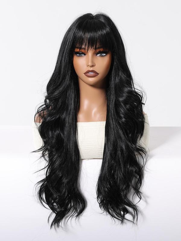 26 Inch Long Black Wavy Wigs for Women, Gorgeous Fluffy Wigs with Bangs, Synthetic Full Machine Wigs for Party, Daily Use