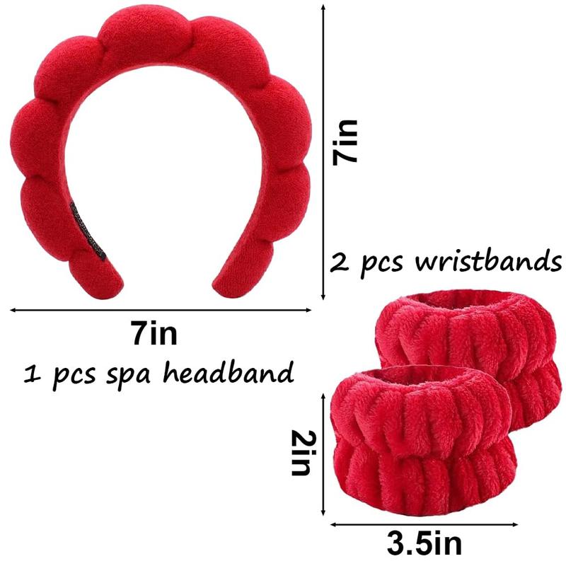 Spa Headband Washing Face Wristband Set Sponge Makeup Skincare, Terry Cloth Bubble Soft Get Ready Hairband Women Girl Puffy Padded Headwear Thick Accessory (Red)