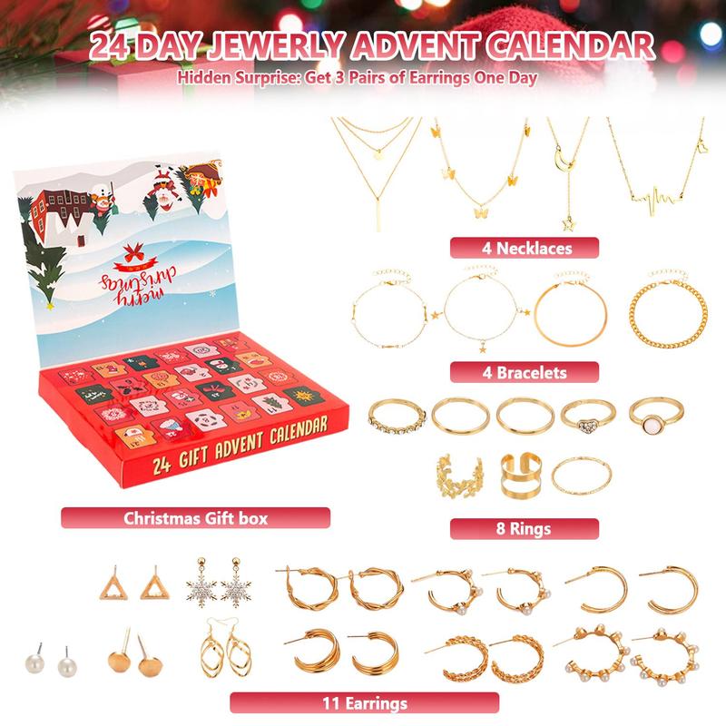 Jewelry Advent Calendar, 1 Set 24 Day Christmas Countdown Calendar with 11 Pairs Of Earrings, 4 Necklaces, 4 Bracelets & 8 Rings, Christmas 2024 Ornament, Christmas Gift Ideas, Stocking Stuffers