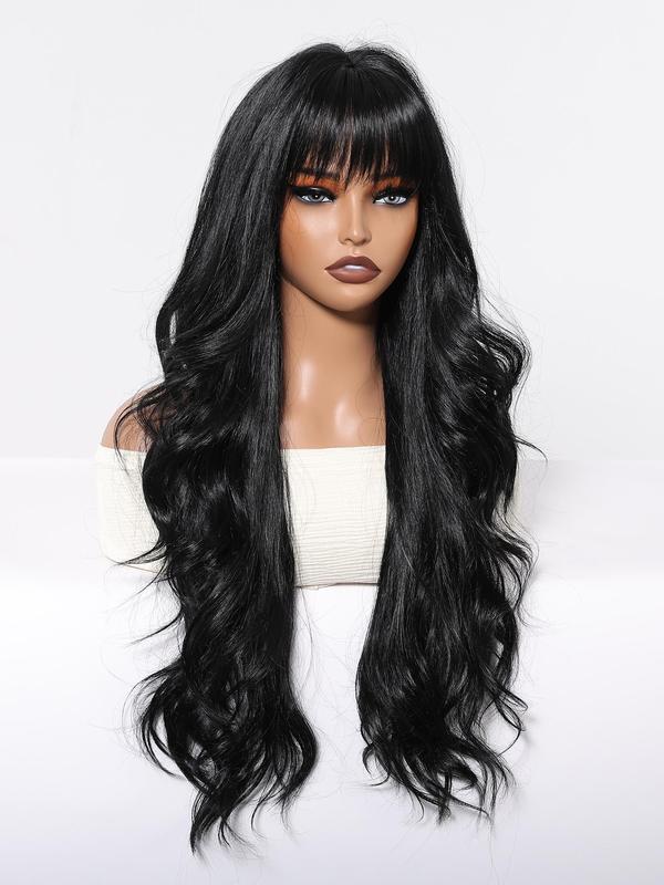 26 Inch Long Black Wavy Wigs for Women, Gorgeous Fluffy Wigs with Bangs, Synthetic Full Machine Wigs for Party, Daily Use