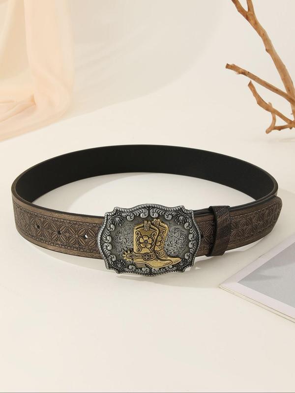 Vintage Western Cowboy Boots Design Buckle Belt, Fashionable Ethnic Pattern PU Leather Belt for Women & Men, Casual Waistband for Jeans Trousers