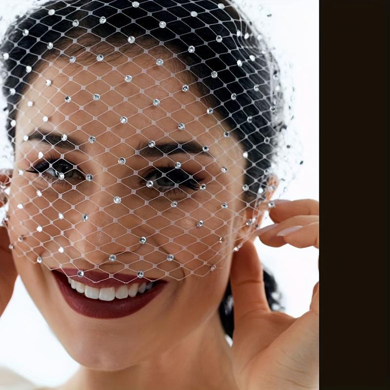 Elegant Wedding Birdcage Veil with Blusher, White Headband, Black Net Mask, Bridal Hair Jewelry (White, Black, Fuchsia)