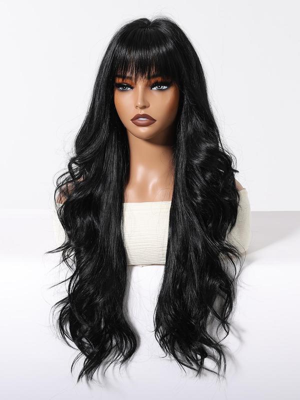 26 Inch Long Black Wavy Wigs for Women, Gorgeous Fluffy Wigs with Bangs, Synthetic Full Machine Wigs for Party, Daily Use