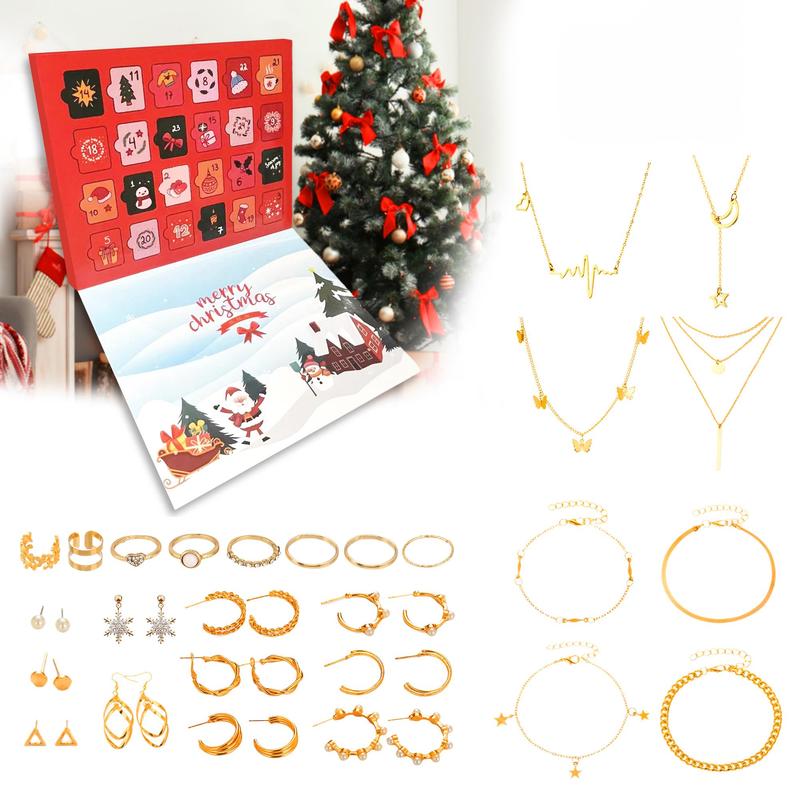 Jewelry Advent Calendar, 1 Set 24 Day Christmas Countdown Calendar with 11 Pairs Of Earrings, 4 Necklaces, 4 Bracelets & 8 Rings, Christmas 2024 Ornament, Christmas Gift Ideas, Stocking Stuffers