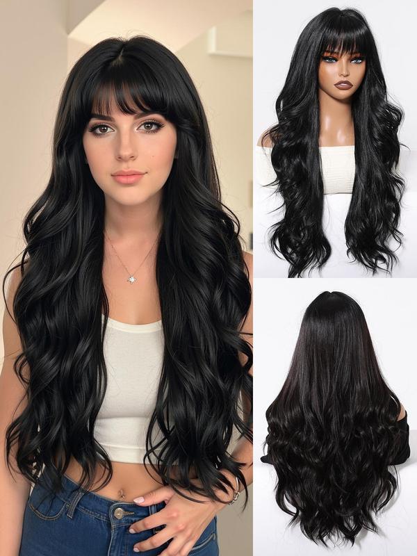 26 Inch Long Black Wavy Wigs for Women, Gorgeous Fluffy Wigs with Bangs, Synthetic Full Machine Wigs for Party, Daily Use