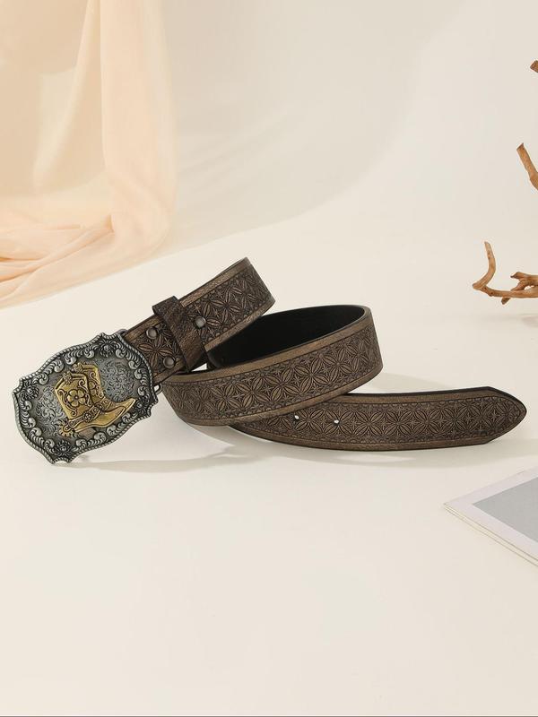 Vintage Western Cowboy Boots Design Buckle Belt, Fashionable Ethnic Pattern PU Leather Belt for Women & Men, Casual Waistband for Jeans Trousers