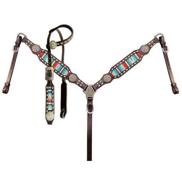 Teal Serape Southwest Print One Ear Headstall and Breastcollar Set with bling conchos