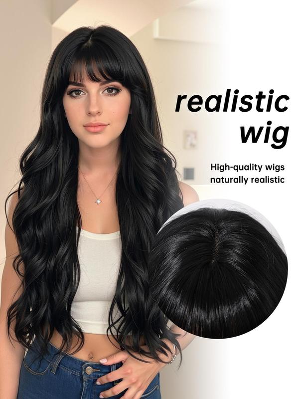 26 Inch Long Black Wavy Wigs for Women, Gorgeous Fluffy Wigs with Bangs, Synthetic Full Machine Wigs for Party, Daily Use