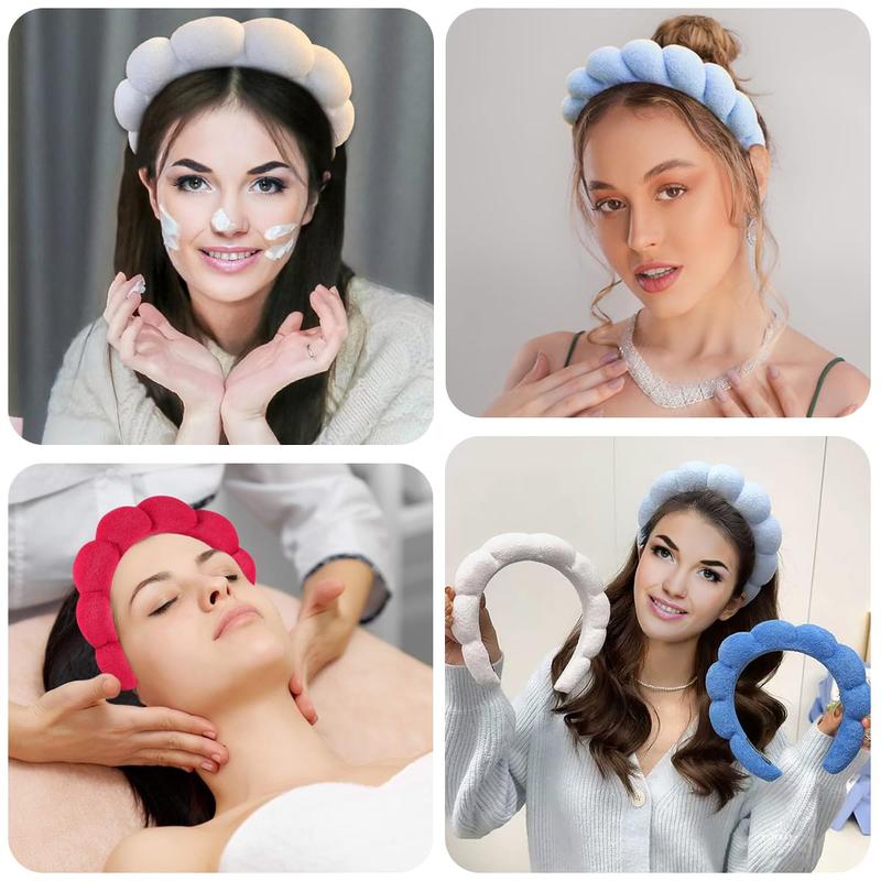 Spa Headband Washing Face Wristband Set Sponge Makeup Skincare, Terry Cloth Bubble Soft Get Ready Hairband Women Girl Puffy Padded Headwear Thick Accessory (Red)