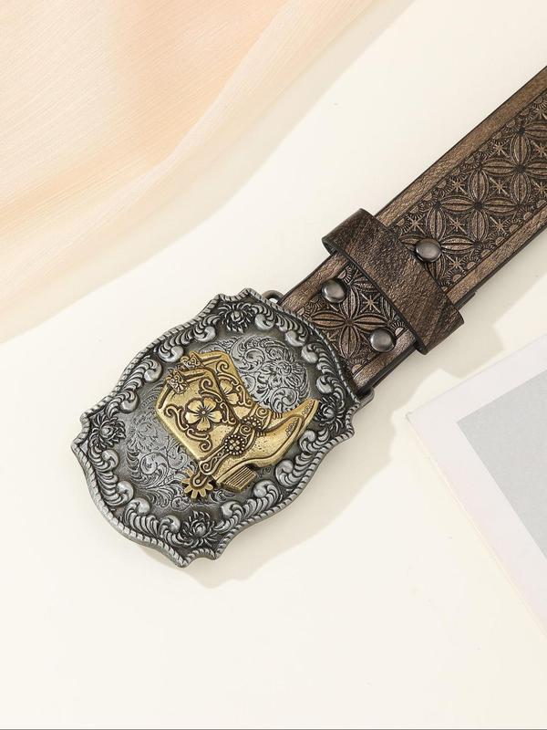 Vintage Western Cowboy Boots Design Buckle Belt, Fashionable Ethnic Pattern PU Leather Belt for Women & Men, Casual Waistband for Jeans Trousers