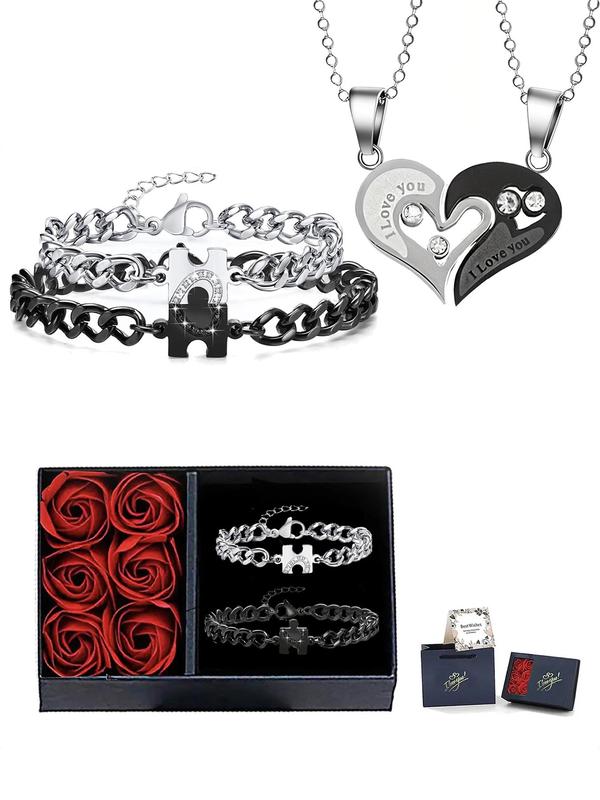 Rhinestone Decor Couple Matching Bracelet & Necklace Set, Heart & Puzzle Design Bracelet & Necklace, with Rose & Gift Box, Fashion Jewelry Accessories for Men & Women