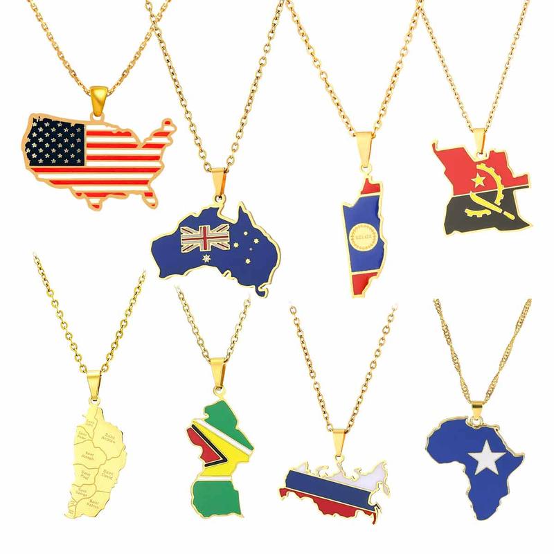 Fashion Unisex Country Country's Flag Map Gold Pendant Necklaces Stainless Steel World Maps Pendant Necklace