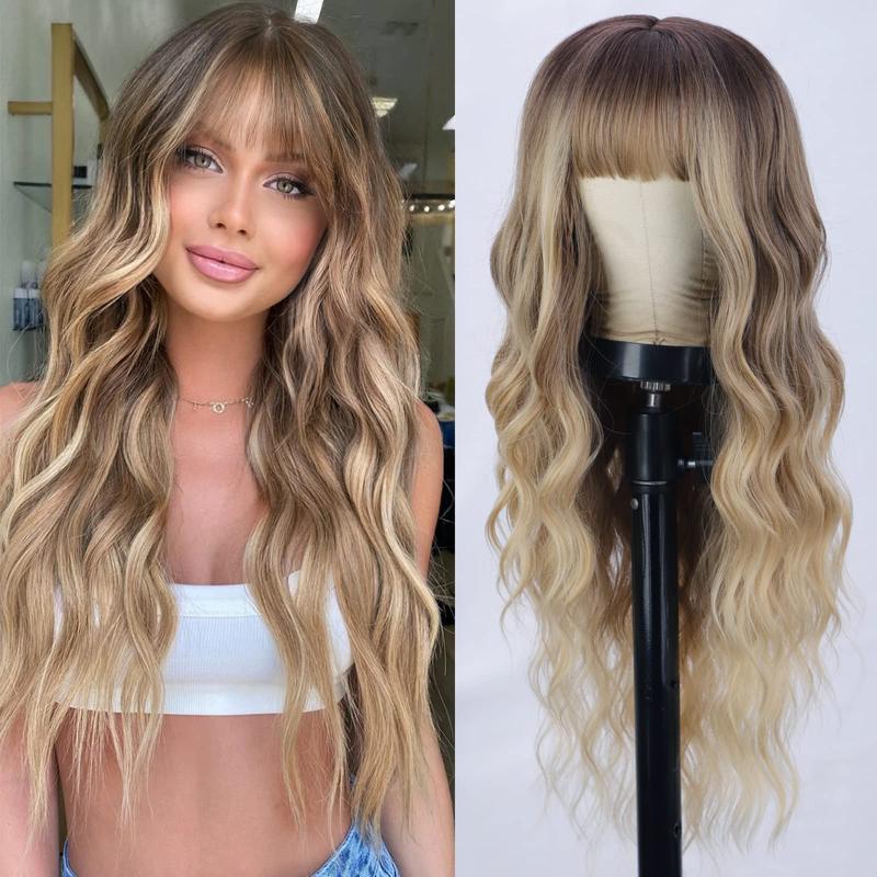 AISI HAIR Long Wavy Synthetic Wig with Bangs for Women, Daily Party Use