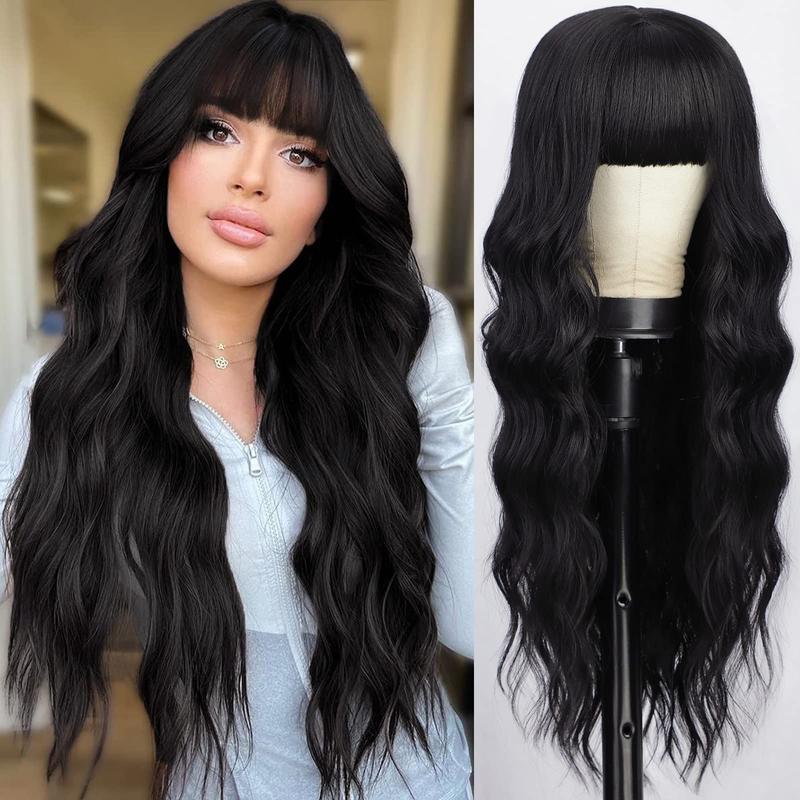 AISI HAIR Long Wavy Synthetic Wig with Bangs for Women, Daily Party Use