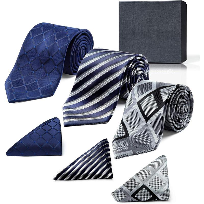 Mens Ties and Pocket Square Set Business Elegant Ties for Men Classic Lot 3 Pcs Wedding Party Neckties & Handkerchief