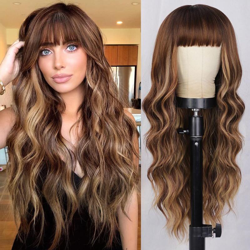 AISI HAIR Long Wavy Synthetic Wig with Bangs for Women, Daily Party Use