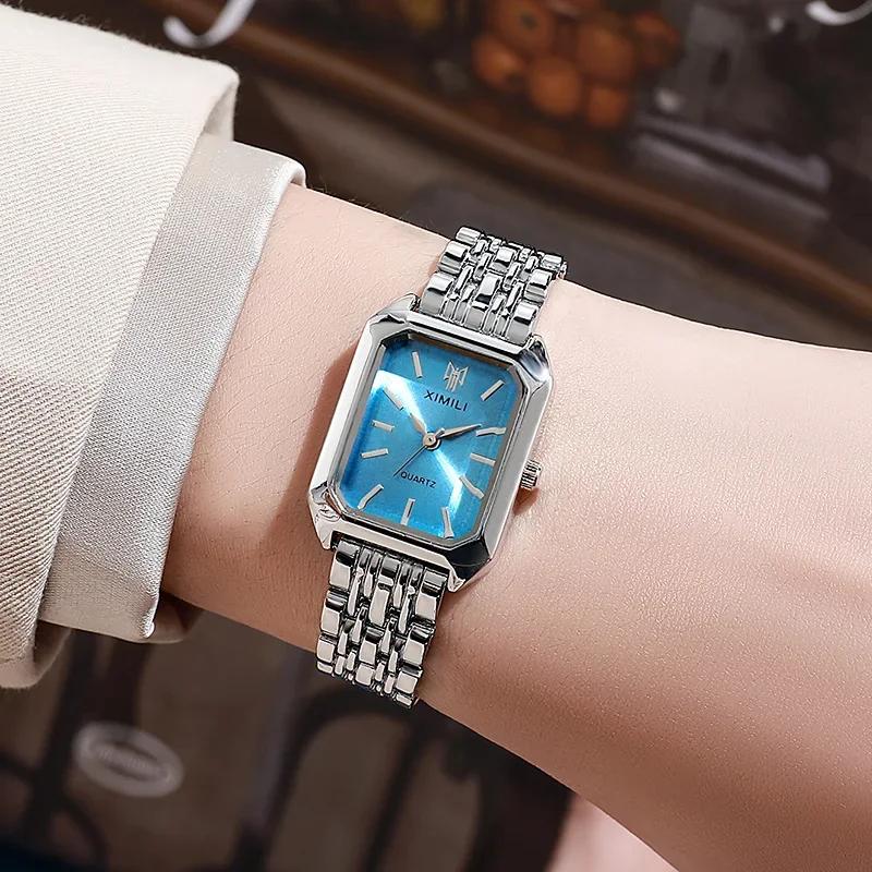 Luxury Ladies Fashion Quartz WristwatchSimple Scale Square Quality Gold Plated Woman Watches Business, Gift with Box