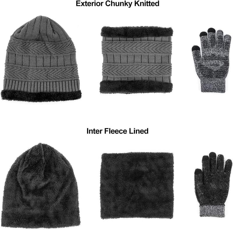 3 count Winter Beanie Hat Scarf Set and Touch Screen Gloves Warm Thick Knit Fleece Lined Skull Cap Gifts for Men Women