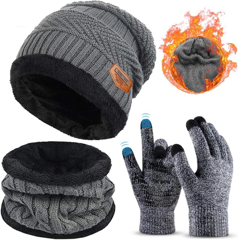 3 count Winter Beanie Hat Scarf Set and Touch Screen Gloves Warm Thick Knit Fleece Lined Skull Cap Gifts for Men Women