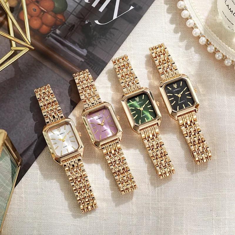 Luxury Ladies Fashion Quartz WristwatchSimple Scale Square Quality Gold Plated Woman Watches Business, Gift with Box