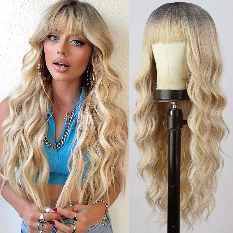 AISI HAIR Long Wavy Synthetic Wig with Bangs for Women, Daily Party Use