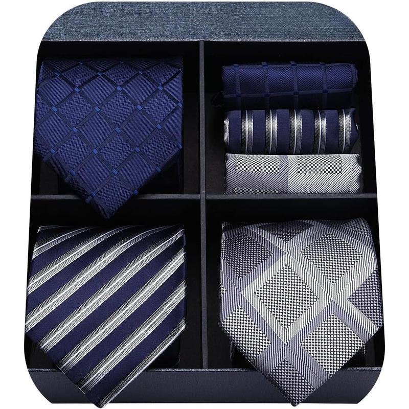 Mens Ties and Pocket Square Set Business Elegant Ties for Men Classic Lot 3 Pcs Wedding Party Neckties & Handkerchief