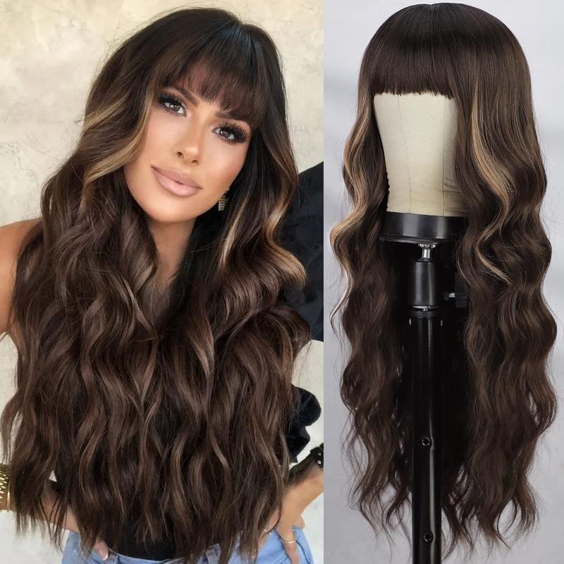 AISI HAIR Long Wavy Synthetic Wig with Bangs for Women, Daily Party Use