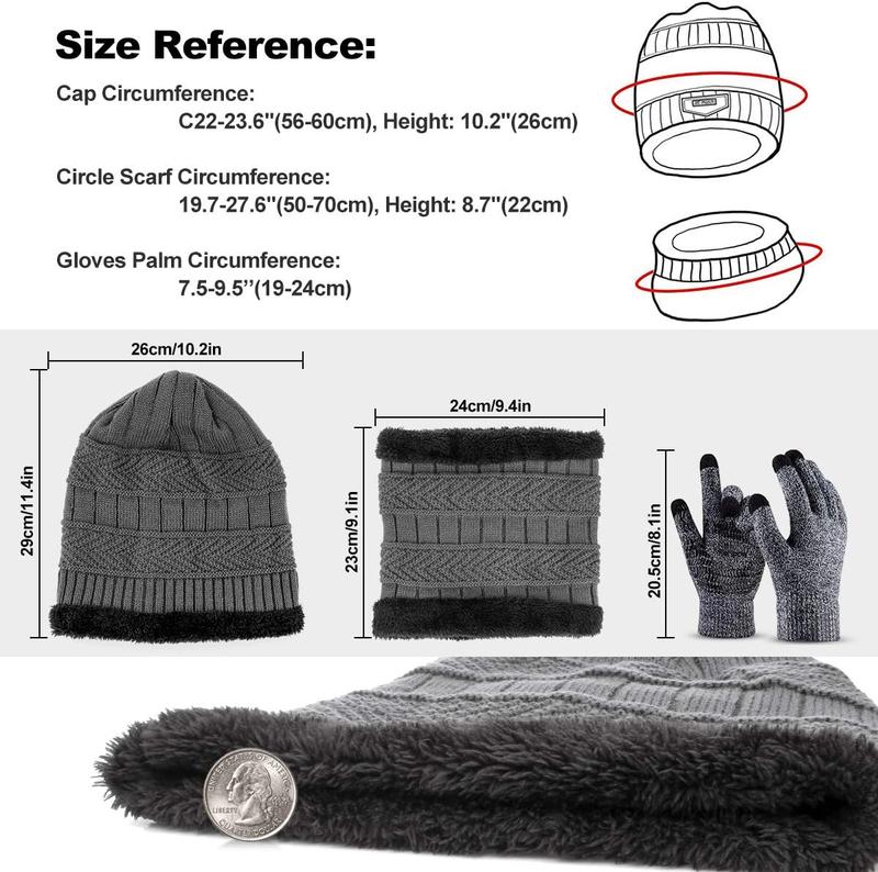 3 count Winter Beanie Hat Scarf Set and Touch Screen Gloves Warm Thick Knit Fleece Lined Skull Cap Gifts for Men Women